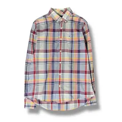 トミーヒルフィガー ブルー レッド タータンチェック ワンポケット スリムフィット シャツ M