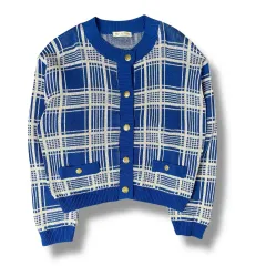 PELEJUTIENU ブルー 白 CHECK ゴールド カーディガン
