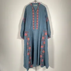 インド製 Ethnic surya エスニック コーデュロイ 花柄刺繍 長袖 シャツワンピース ネイビー系