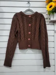 #レディース ファッション ブラウン カラー の ケーブル ニット カーディガン