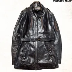 TORNADO MART レザージャケット モーターサイクルコート ミリタリージャケット ベルト付 スタンドカラー 牛革 Lサイズ ブラウン 茶系 トルネードマートのサムネイル