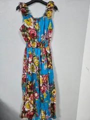 綿 大きい花柄 ノースリーブ ロング丈ワンピース 55 66