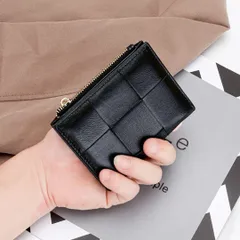 編み込み 二つ折り 財布 ブラック コンパクト カード コイン 小銭 本革 黒 複数カード入れ メンズ レディース