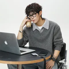 ニットセーター メンズ フェイクレイヤード Vネック ポロ襟 レトロ 上品 保温 秋冬 トップス M260112-4