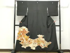 平和屋着物▼豪華黒留袖　駒刺繍　向かい鳥天井花文　金彩　正絹　逸品　CABB6842th