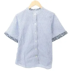 ビームスハート BEAMS HEART ストライプ シャツ 半袖 ペイズリー柄 装飾 薄手 約Sサイズ 青 ブルー ■GY61