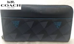 COACH コーチ ラウンドファスナー 長財布 ネイビー レザー シグネチャー《1224-03》
