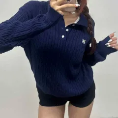 Satur セター 3ボタン ONE썸 ベーシック ケーブル ネイビー ニット