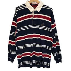 90's vintage 90年代 ヴィンテージTOMMY HILFIGER トミーヒルフィガー ラガーシャツ ボーダー柄 長袖ポロシャツ ワンポイント刺繡 オーバーサイズ ビッグシルエット SRILANKA製 Lサイズ ネイビー ホワイト レッド
