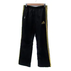 アディダス adidas スポーツウエア ウィンドブレーカー パンツ イージー ライン ロング丈 ロゴ刺繍 L 黒 ブラック ゴールド色 /HO13