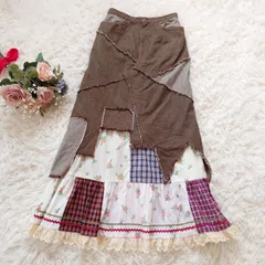 希少　一点物　ベティブルー　BETTY BLUE　Y2K　パッチワーク　ドッキング　異素材　再構築　レイヤード　ロング　フレア　スカート　チェック　花柄　レース　刺繍　デニム　マルチカラー　コットン　9　M