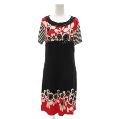 DONNE DE SOGNO 美品 ワンピース ひざ丈 黒 ブラック 赤 レッド 半袖 花柄 ラウンドネック /NL ■GY59