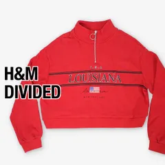 【美品】H&M DIVIDED エイチアンドエム クロップド丈 ハーフジップ スウェット トレーナー LOUISIANA ロゴ アメリカン 裏起毛 レッド 赤 M レディース 古着