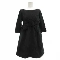 フォクシー ブティック FOXEY BOUTIQUE シルクワンピース ひざ丈 七分袖 切替 38 ボートネック ビックリボン 黒 ブラック /GV ■GY06