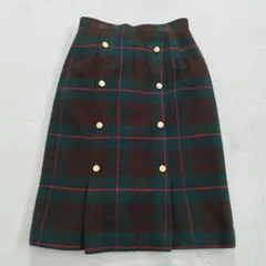 昭和レトロ ひざ丈 スカート 金ボタン チェック ウール グリーン ウエスト60 Sサイズ相当 y2k