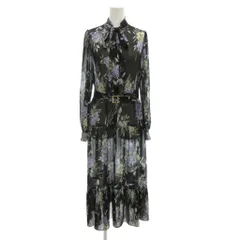 グレースコンチネンタル GRACE CONTINENTAL レトロブーケシャツワンピース 長袖 ロング ボウタイ ベルト付 花柄 シアー プリーツ 36 黒 ブラック 紫 パープル /GV ■GY06