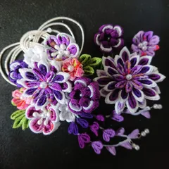 つまみ細工の髪飾りセット/紫系/赤紫系メイン/成人式/卒業式/結婚式