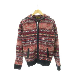 ビームス BEAMS ニットパーカー ジップアップ ウール インターシャ ノルディック ボーダー 総柄 M 紺 ネイビー /AH15 ■GY11