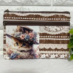 [365]おしゃれ猫ちゃん☆Wファスナーフラットポーチ・プレゼントにも…