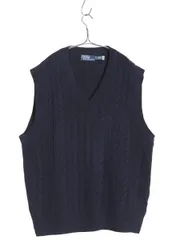 【お得なクーポン配布中!】 ポロ ラルフローレン Vネック ケーブル ニット ベスト メンズ XL / ウール カシミヤ セーター プルオーバー 大きいサイズ 重ね着 ネイビー