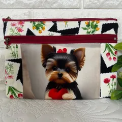 [370]ハートクッション ヨーキー☆Wファスナーフラットポーチ