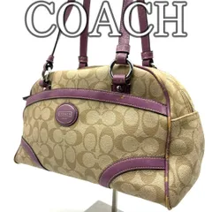 コーチ COACH トートバッグ ミニボストンバッグ シグネチャー PVC レザー コンビ ハンドバッグ 肩掛け 手提げ ロゴプレート ファスナー開閉 レディース ベージュ パープル 小ぶり 上品 カジュアル 普段使い お出かけ