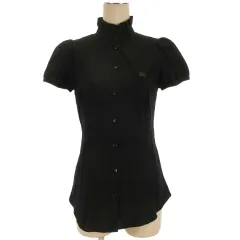 バーバリーブルーレーベル BURBERRY BLUE LABEL チェック シャツ フリルネック 半袖 38 ブラック 260109E ■FF