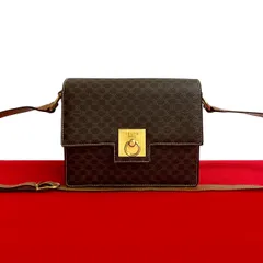 極 美品 CELINE セリーヌ マカダム ブラゾン トリオンフ 柄 ロゴ リング金具 レザー ショルダーバッグ ポシェット ブラウン 37042