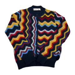 極 美品 希少品 MARNI マルニ ウール ナイロン モヘア クルーネック カーディガン ニット セーター 40サイズ ネイビー マルチカラー 45527