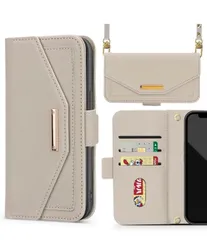 ★iPhone 14 Plus 用 ケース 手帳型 ショルダー スマホケース いphone14 plus 携帯ケース 肩掛け 斜めがけ アイフォン14 プラス カバー 財布型 あいふおん14 plus カード収納 小銭入れ ミラー付き　ライトグレー