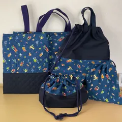 入園入学準備5点セットりんりんのハンドメイド　レッスンバッグ　上履き入れ　お着替え袋　コップ袋　お弁当袋　キルティング　働く車