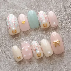 No.2143 現品販売！ネイルチップ　ツイード /ピンク/パール