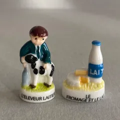 酪農家と乳製品のフェーブ／農村のデュオ／フランス雑貨／陶器ミニチュア／ブロカント／ヴィンテージ／蚤の市／幸運の小さな陶器