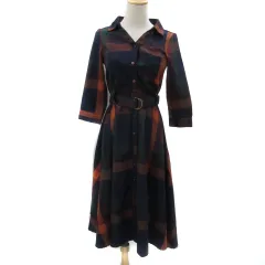 レディアゼル REDYAZEL シャツワンピース ロング丈 八分袖 スキッパーカラー チェック柄 ウエストベルト付き S マルチカラー オレンジ /YS23