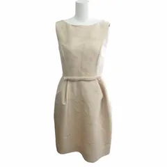 フォクシー FOXEY 美品 34864 Flower Classic フラワークラシック ワンピース ウールシルク ひざ丈 ノースリーブ 花柄刺繍 ベージュ 40 約L IBO76