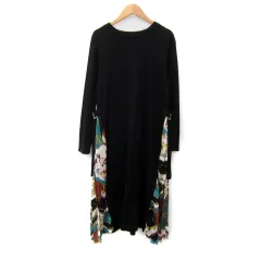 ブージュルード Bou Jeloud ワンピース ロング丈 長袖 ラウンドネック 切替 総柄 プリーツ F 黒 ブラック /SY42