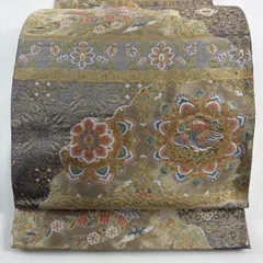 袋帯 秀品 服部織物 落款 華文 花喰い鳥 唐織 箔 金色 六通 正絹 【中古】