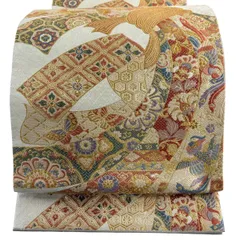 【美品】 袋帯 秀品 束ね熨斗 花鳥 唐織 金糸 金色 六通 正絹 【中古】