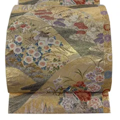 【美品】 袋帯 秀品 花鳥 流水 箔 唐織 金色 六通 正絹 【中古】
