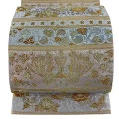 【美品】 袋帯 秀品 向かい鳥 花唐草 箔 ベージュ 六通 正絹 【中古】