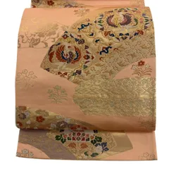 【美品】 袋帯 秀品 扇面 花鳥 金糸 箔 オレンジ 六通 正絹 【中古】