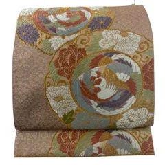 袋帯 秀品 関西仕立て 鳳凰 花唐草 刺繍 金糸 灰紫 六通 正絹 【中古】