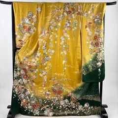 振袖 身丈171.5cm 裄丈71cm L 袷 花丸文 鳥 金糸 金彩 山吹色 正絹 秀品 【中古】