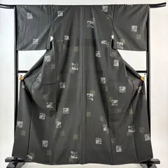 【美品】 小紋 身丈160.5cm 裄丈65.5cm M 袷 紬地 色紙 草花 金彩 深緑 正絹 名品 【中古】
