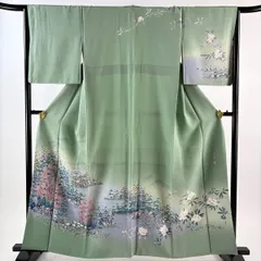 訪問着 身丈159cm 裄丈65cm M 袷 落款 風景 樹木 ぼかし 薄緑 正絹 秀品 【中古】
