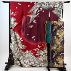 振袖 身丈165cm 裄丈67cm M 袷 袋帯フルセット 落款 雲文 桜 金糸 金通し 赤 正絹 名品 【中古】