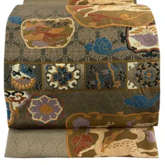 【美品】 袋帯 名品 動物 草花 箔 茶緑色 六通 正絹 【中古】