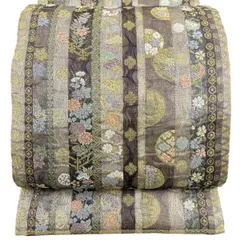 【美品】 袋帯 名品 献上垣根文 草花 縞 金糸 箔 薄黄土色 六通 正絹 【中古】