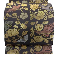 【美品】 袋帯 秀品 花唐草 鳥 箔 濃紫 全通 正絹 【中古】