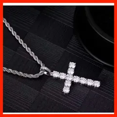高級キュービックジルコニアクロスペンダントネックレス CZダイヤモンド クロス ツイストチェーンロングネックレス ブリンブリン 十字架 シルバー 60cm メンズ レディース ユニセックス ギラギラ 新品未使用品